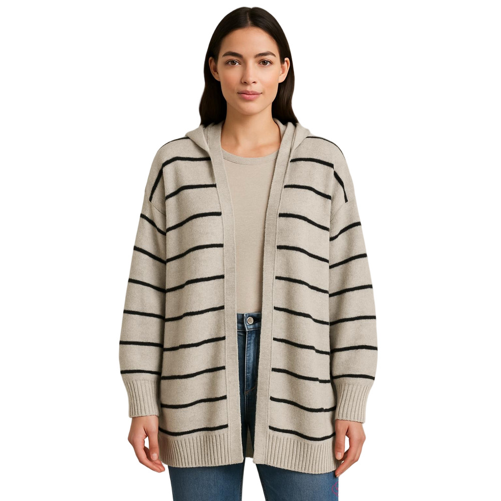 Signature Gray and Black Striped 100% Cashmere Hooded Cardigan Sweater NWT